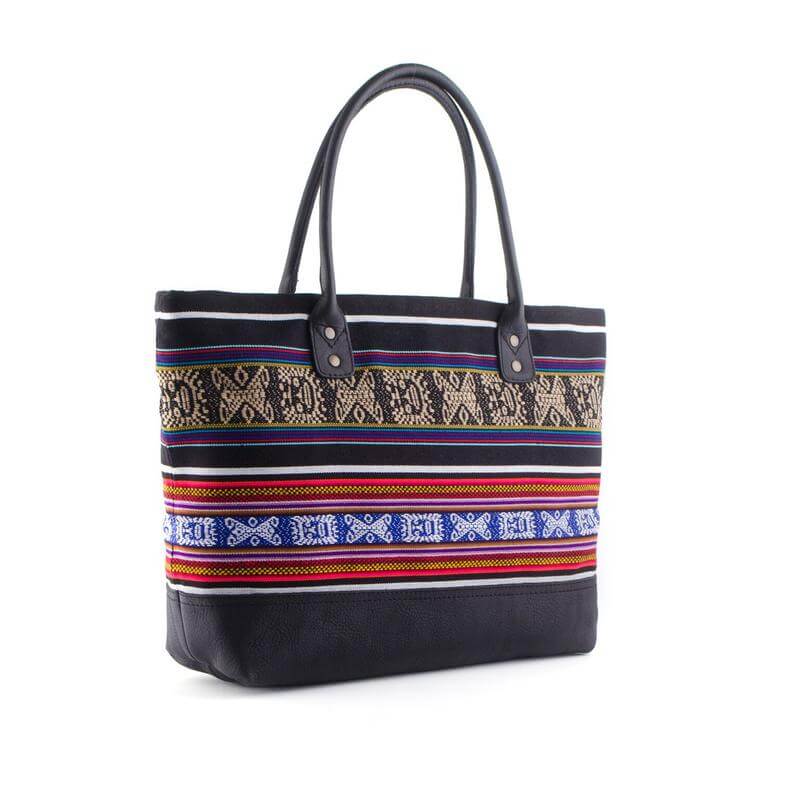 Henkeltasche aus Aguayo und Leder, schwarz rot - Tote Bag von INKKAS